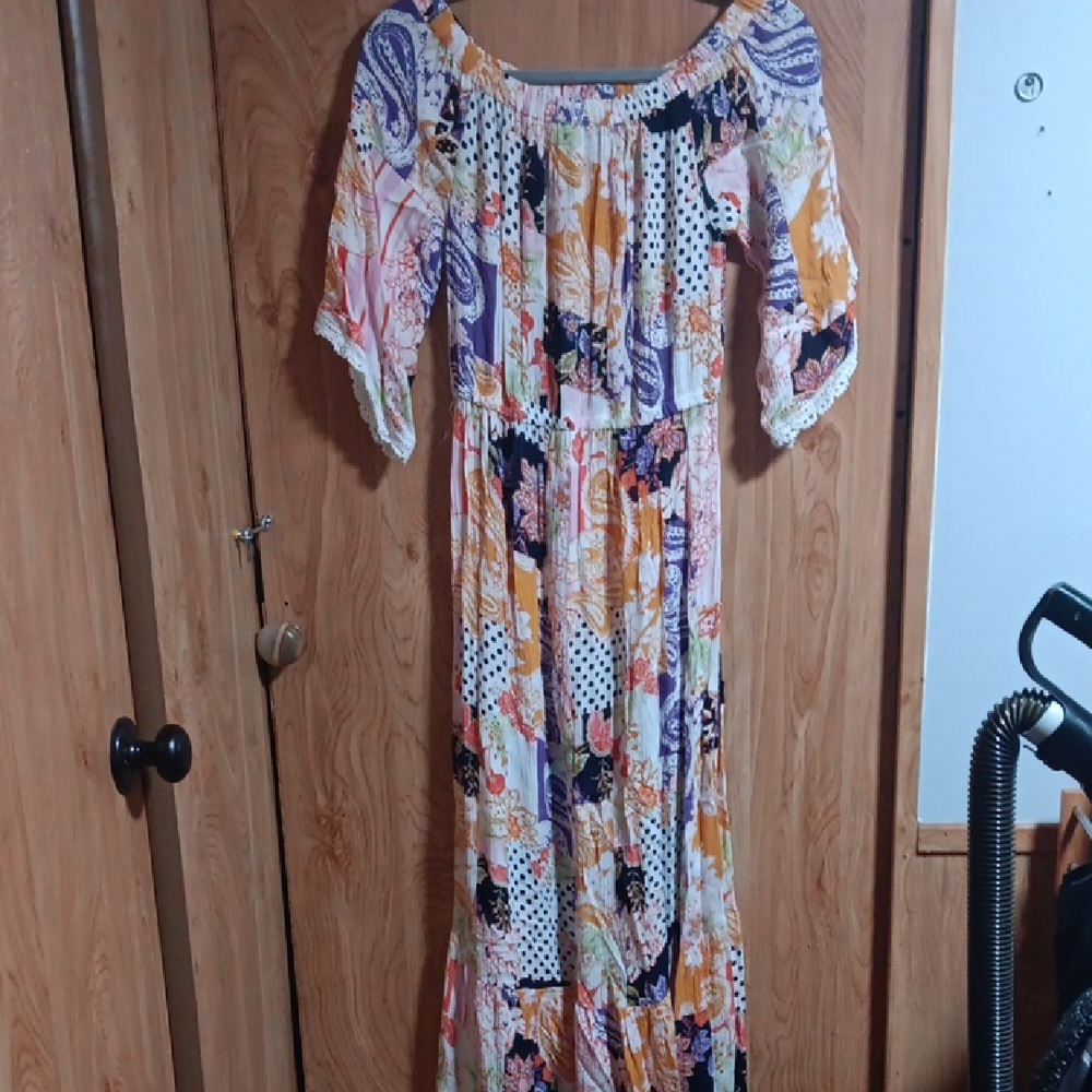 Orange and Blue Off-Shoulder Flutter Sleeve Maxi Sundress